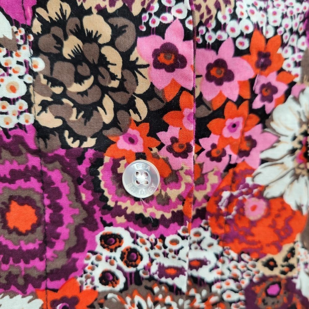 Vera Bradley Rosewood Floral Button Down Cotton Flip Cuff Contrast Top Blouse - Picture 3 of 11